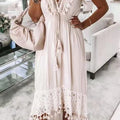Women's V Neck Sleeveless Beach Lace Dress in White Waist Wide Swing Dress