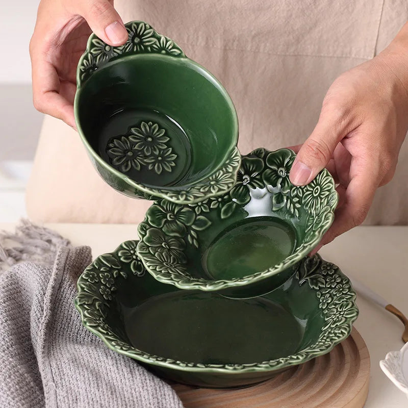 Solhui Retro Embossed Floral Kiln Change Vintage Ceramic Dinner Dishes and Bowls
