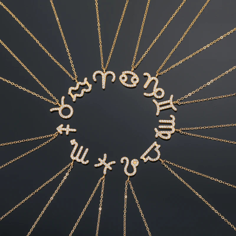 Trendy Stainless Steel Jewelry Wholesale 18K Gold Plated Dainty Diamond Zircon 12 Constellations Pendant Link Chain Necklace