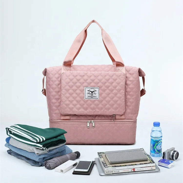 Colorful Large Smocked Check Quilted Waterproof Dry Wet Separate Foldable Weekend Tote Duffle Travel Bag with Shoes Compartment