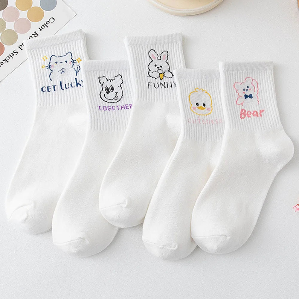 White Cute Cartoon Socks Animals Pattern Women Socks Hot Sale Cotton Breathable Crew Socks