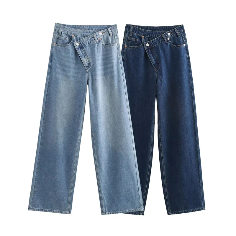 ZATRHMBM Women 2024 Autumn New Fashion Wide Leg Denim Jeans Vintage Side Pockets Zip Fly High Waist Female Trousers Mujer