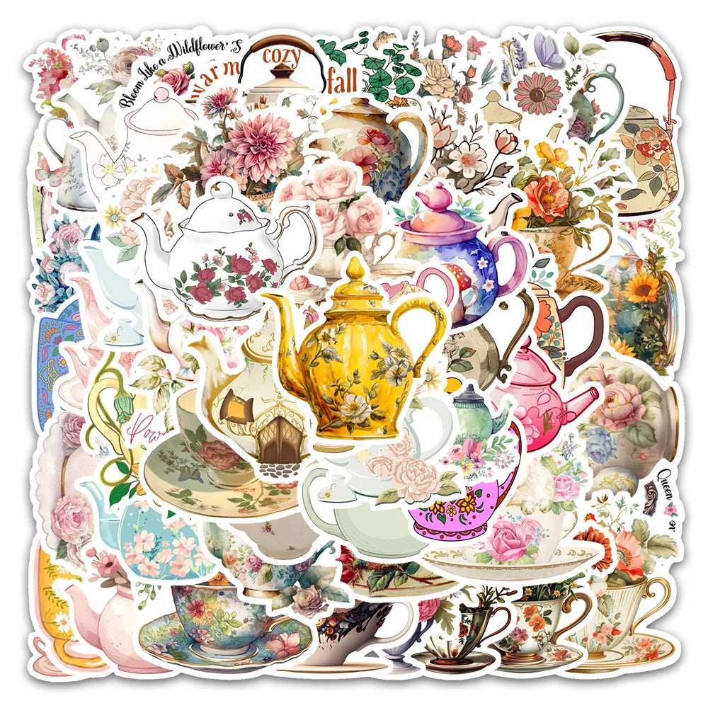 54pcs Vintage Flower Teacups and Teapots Waterproof Pvc Sticker Packs for Laptop Luggage Book Refrigerator Skateboard Phone