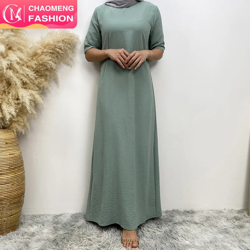 6722# New Stylish Design Crew Neck Wrinkle Crepe Versatile Half Sleeves Simplicity Solid Color Dress Summer Women Abaya Dresses