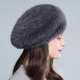 Wholesale Winter Real Mink Fur Beret for Women Fashion French Beret Hats Women Girls Ladies Fur Knitted Warm Beret Hats