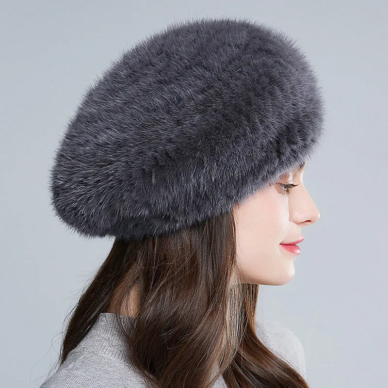 Wholesale Winter Real Mink Fur Beret for Women Fashion French Beret Hats Women Girls Ladies Fur Knitted Warm Beret Hats