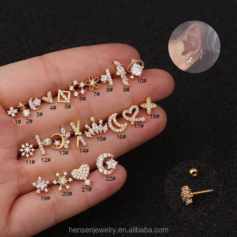 Trendy Jewelry Gold Silver Stainless Steel Heart Moon Crown Star Shape Tragus Rook Conch Daith Rim Helix Lobe  Piercing Studs