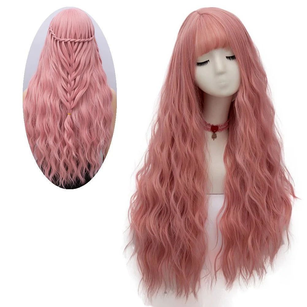 Long Fluffy Curly Wavy Heat Friendly Pink Synthetic Cosplay Party Wigs HPC-2105