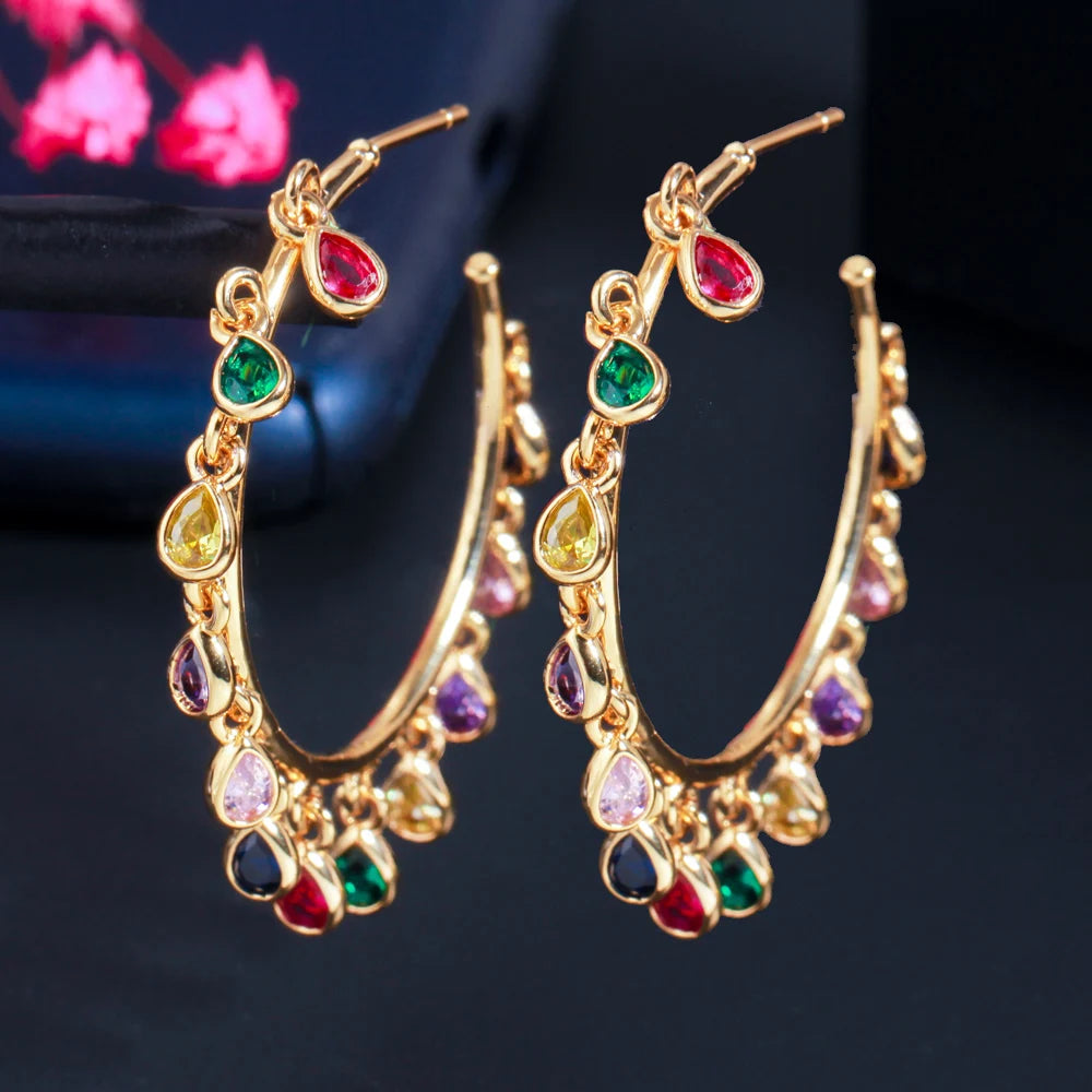 Elegant Rainbow CZ Water Drop 18k Gold Plated Large Circle Round Hoop Earrings for Women New Trendy Bohemian Style Jewelry