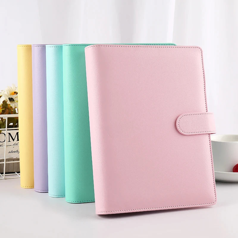 Macaron Color 6 Ring Loose-Leaf PU Leather Hardcover Diary Notebook Cover A5 Pink/Blue/Green/Yellow