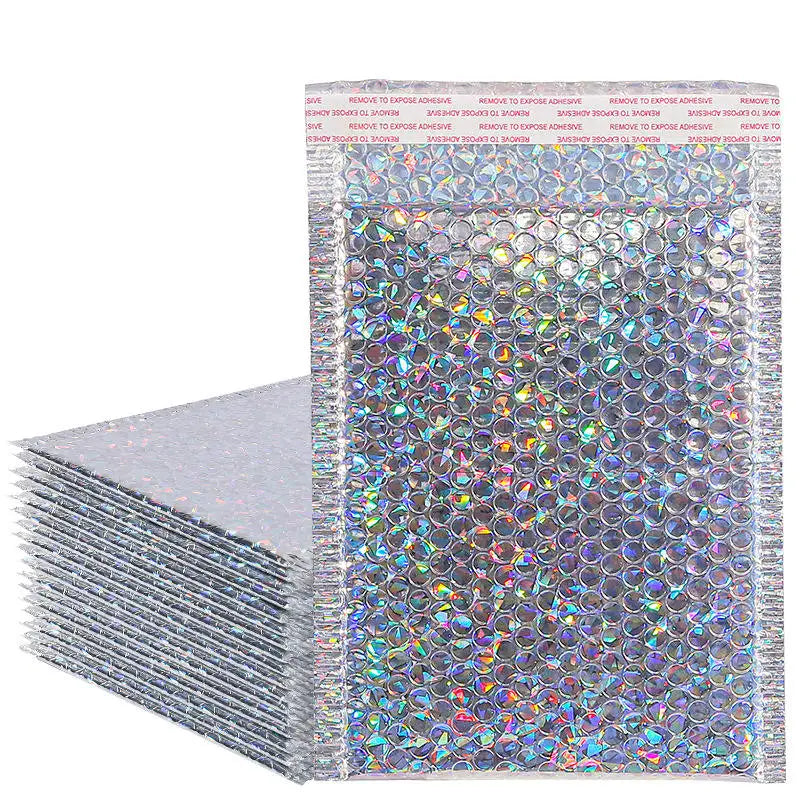 CX Custom Logo Glossy Glitter Poly Bubble Holographic Mailing Envelopes Rainbow Metallic Clothing Shipping Bags
