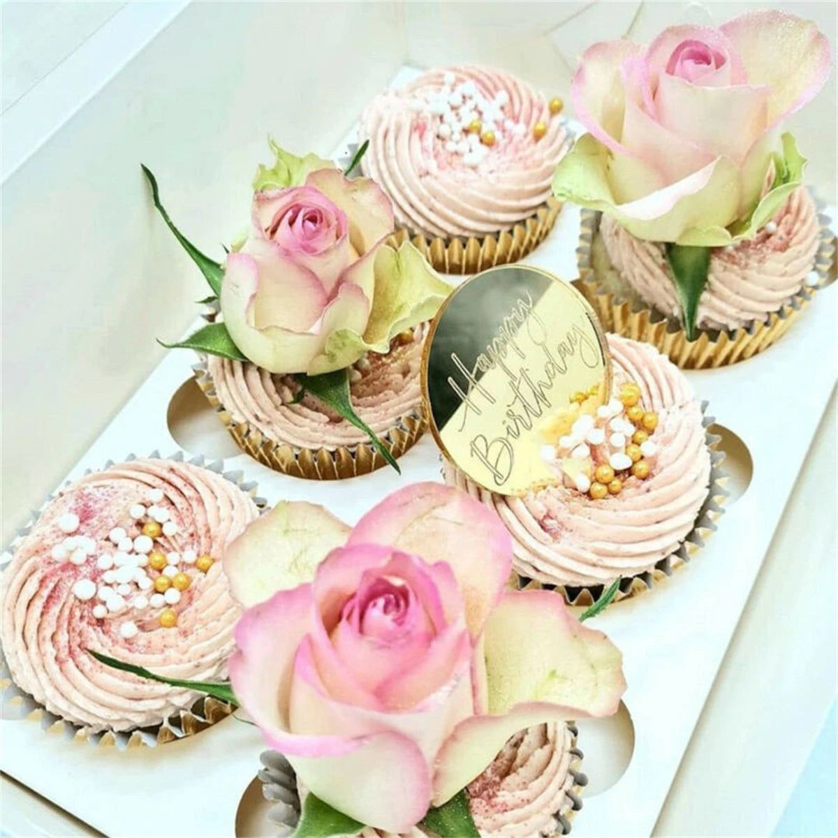 Happy Birthday Acrylic Gold Dessert Cupcake Disc Circle Toppers Wedding Party Cake Celebration