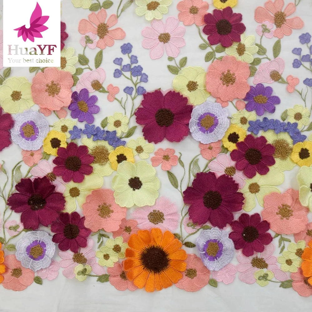 2021 Wholesales 3D Flower pink Embroidery Lace Fabric Net Tulle for Bridal Dress Flower Bridal Wedding Lace HY1748-3