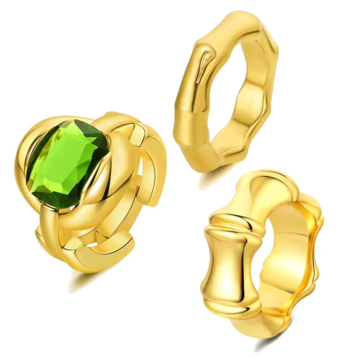 Fashion Light Luxury Vintage Brass Plated 18k Gold Emerald Gemstone Bamboo Designer Ring Set
