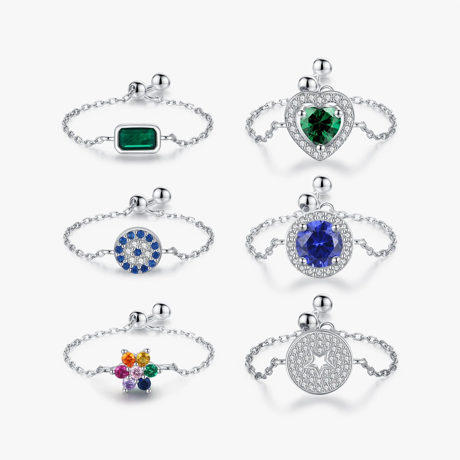 26 Style Sparkling CZ Jewelry Heart Flower Infinite Symbol Link Chain Ring 925 Sterling Silver Hearts Adjustable Rings for Women