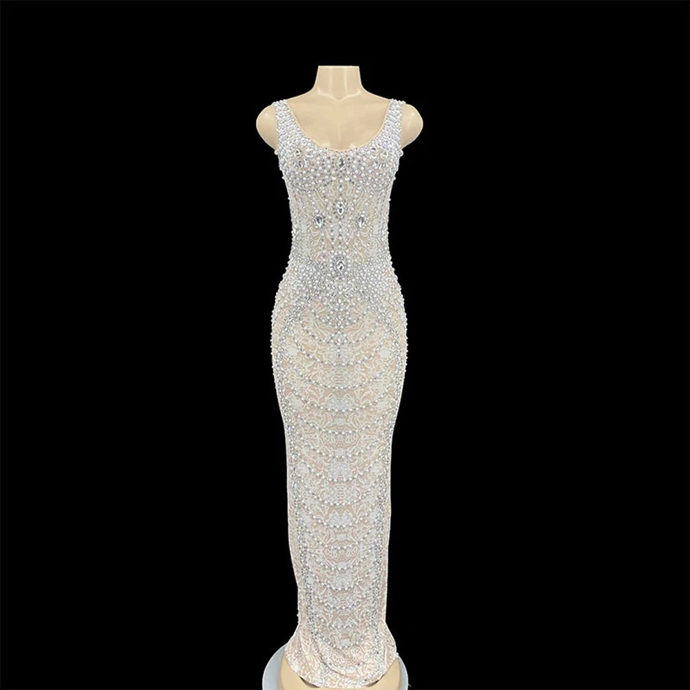 Stage Performance  Long Skirt Sleeveless  Crystals Pearls Dress Nightclub Party Stage Wear Dancer Singer Bling Costume