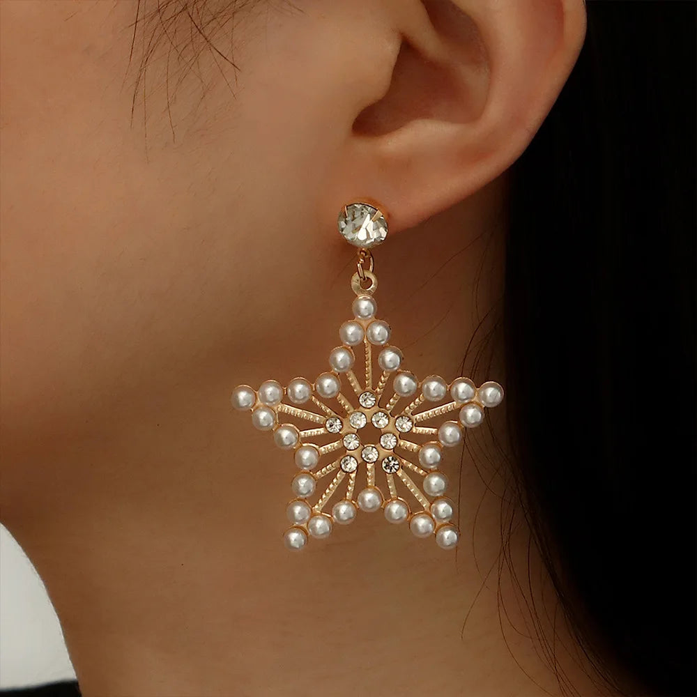 2022 Fashion Korean Style Women's Metal Pentagram Diamond Pearl Pendant Exaggerated Sparkling Party Earring Jewelry