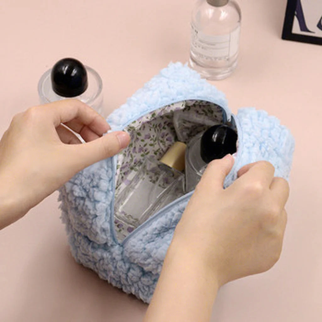 Quick Shipping Double Layer Travel Makeup Bag Plush Square Fluffy Cosmetic Bag with Zipper Women's Promotional Tote Toiletry Bag