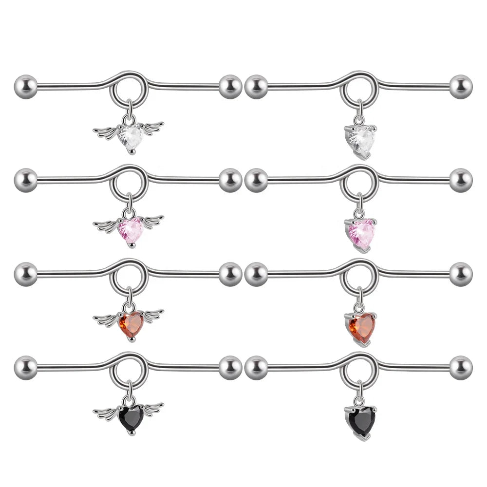 Stainless Steel Heart Zircon Industrial Barbell Ring Earrings Straight Ear Cartilage Helix Piercing Jewelry Women's Gift