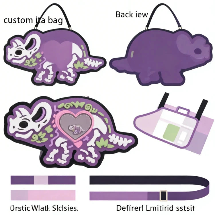 Custom Dinosaur Skeleton Ita Bag Purple Gothic Triangular Dino Shaped Handbag with Heart Window for Pins Display