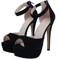 Black Suede Thin Heel Peep Toe Ankle Strap Buckle Platform Height Increasing EVERGREEN Women's Heeled Sandals Plus Size