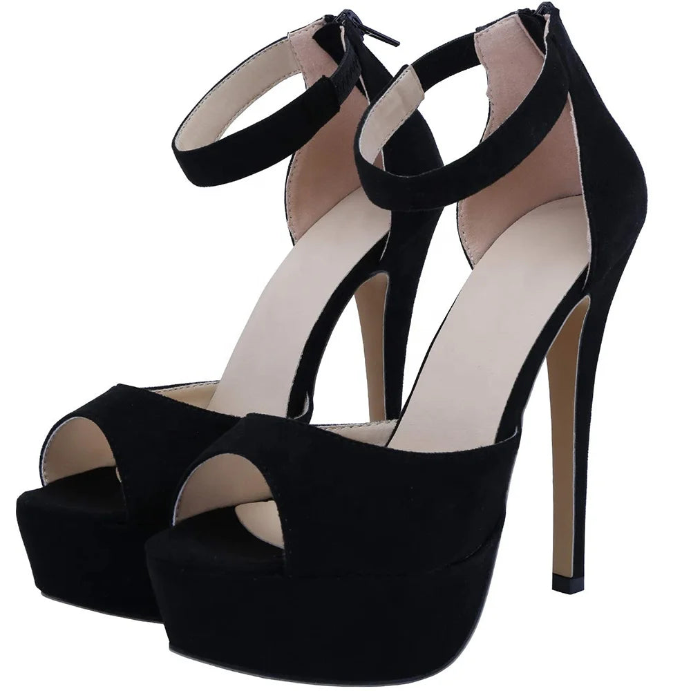 Black Suede Thin Heel Peep Toe Ankle Strap Buckle Platform Height Increasing EVERGREEN Women's Heeled Sandals Plus Size