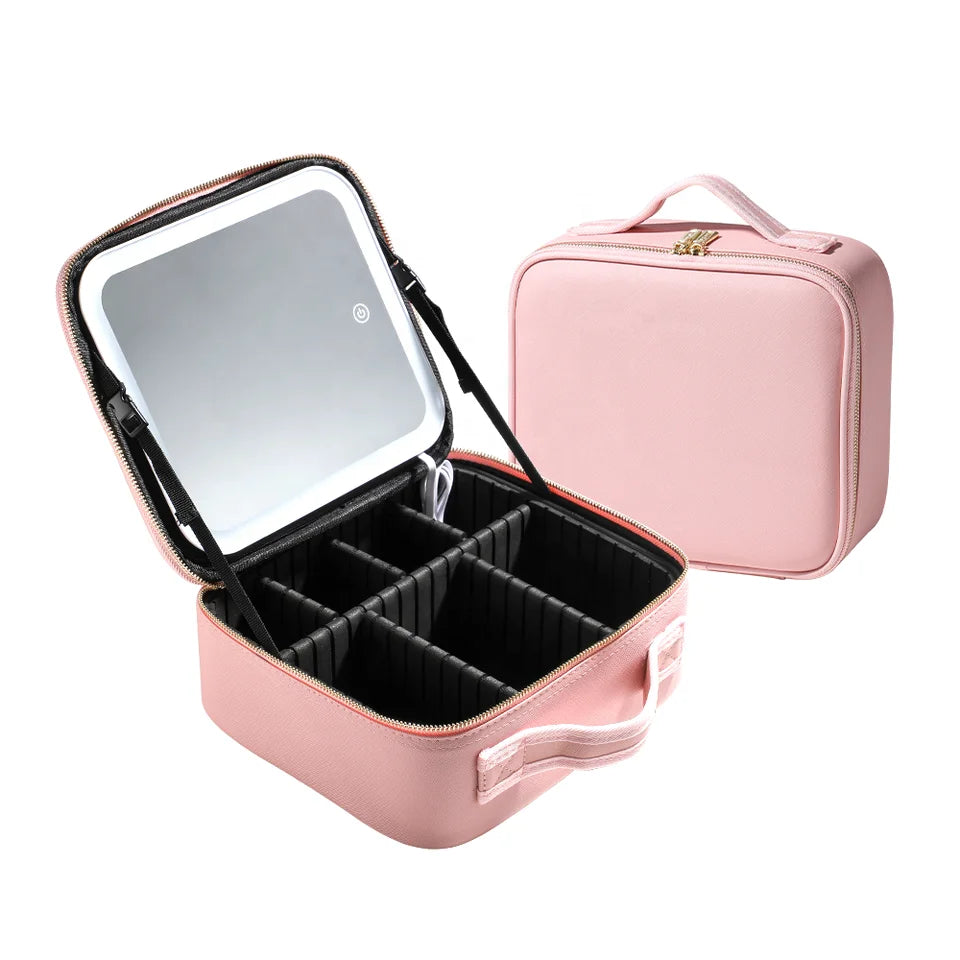 2023 New Style Makeup Bag with Led Mirror Portable Anti-theft Zipper Led Mirror Makeup Bag