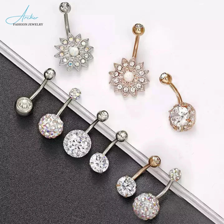 New Flower Custom Navel Ring Belly Button Ring Dangle10 Pieces Sets 316L Stainless Steel Gold Plated Steel Rose Piercing Jewelry