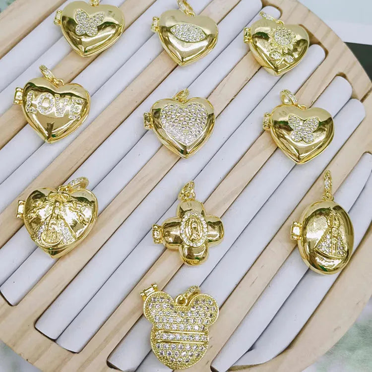 CZ8690 Unique Jewelry Supplies 18k Gold Plated Virgin Mary Lady of Guadalupe CZ Diamond Pave Heart Butterfly Locket Pendants