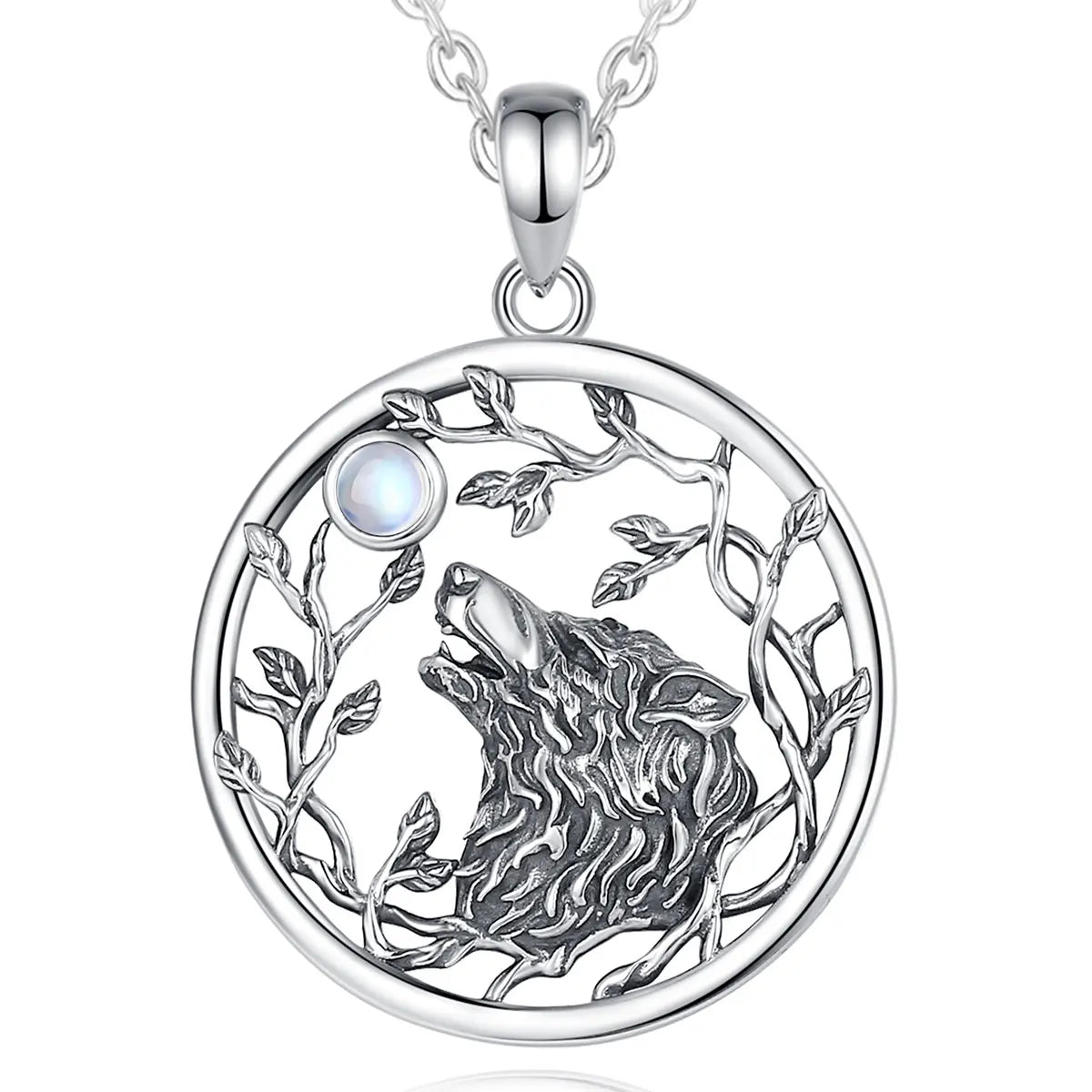 Merryshine Ancient protection Amulet 925 Sterling Silver Moonstone Norse Viking Wolf Necklace for Men Women
