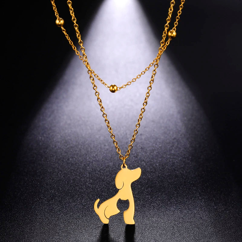 Stainless Steel Dog Squirrel Fish Necklace Double Layer Gold Plated Beads Necklace Fashion Women Necklace Gold Jewelry Gifts