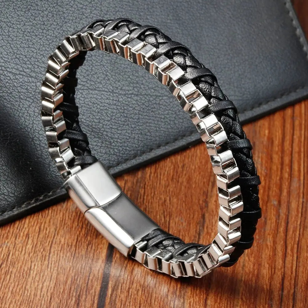 Personalized Stainless Steel Chain Handmade Leather Braided Bracelet Magnet Buckle Retro Punk Style Bangles Bracelet for Men