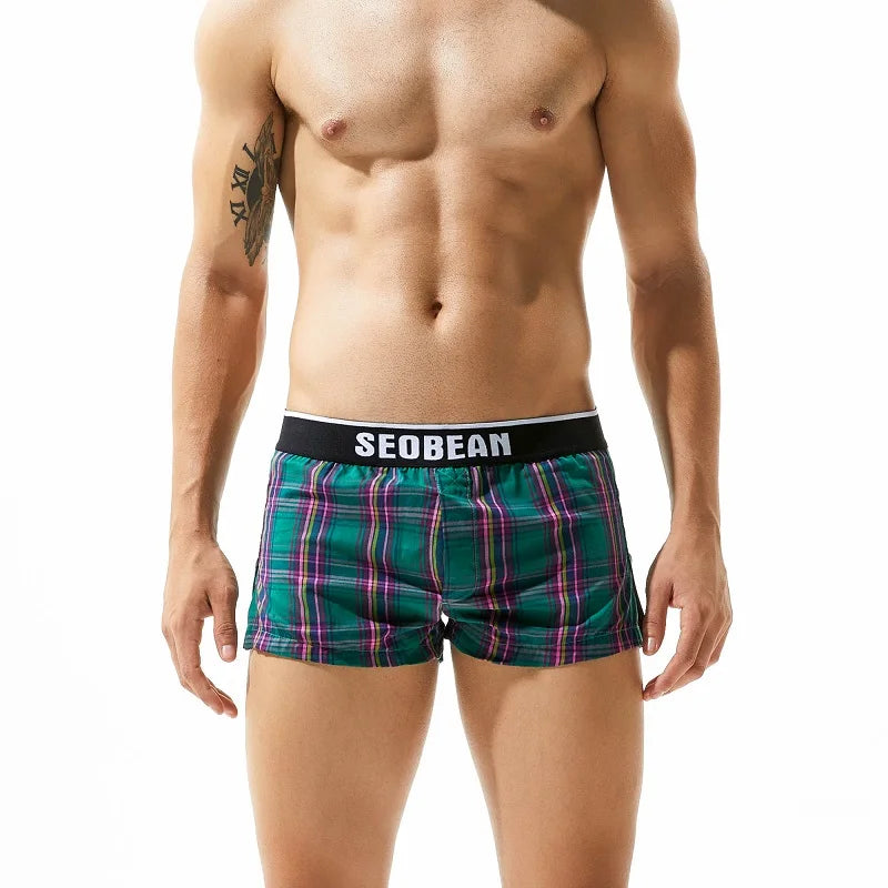 Men's Daily Basic Underwear Plaid Pattern Loose Adjustable Belt Beach Pants Household Pants