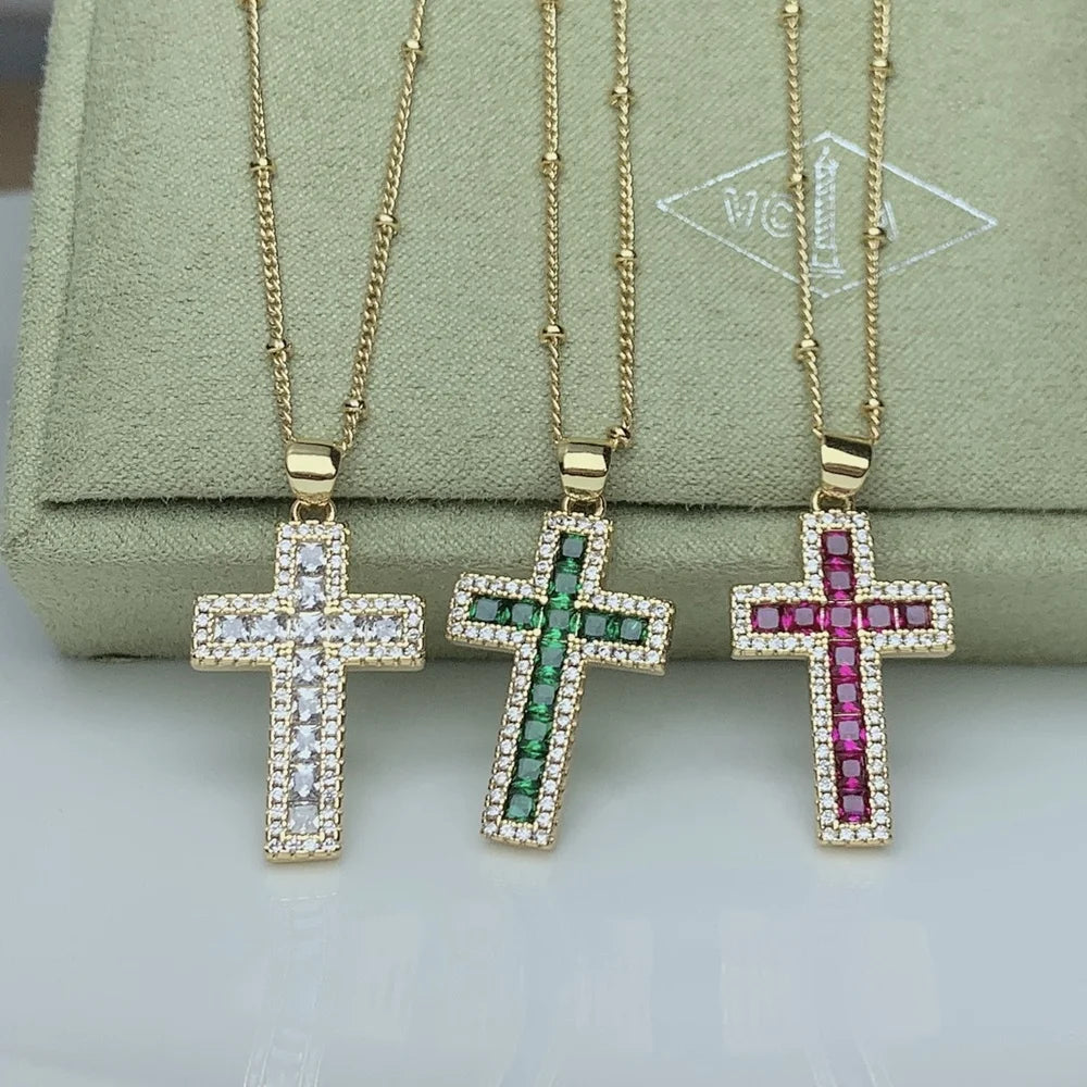 New Crystal Zircon Cross Pendant Necklace for Women Fashion Jewelry Girls