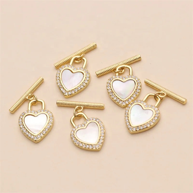 18K Gold Plated Micro Pave Cubic Zirconia Heart Shape Toggle Clasps for Bracelet and Necklace Making