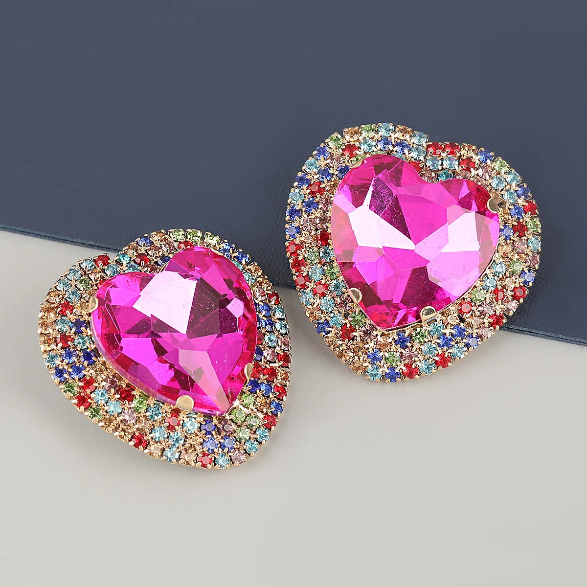 Exaggerated Geometric Multicolor Rhinestone Heart Stud Earrings Lovely CZ Statement Glass Earrings Trend Jewelry