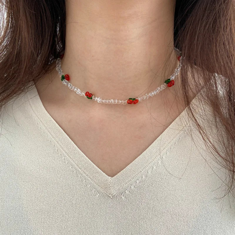 Hot Selling Choker Necklace Cute Clear Color Handmade Beaded Cherry Seed Bead Necklace Women