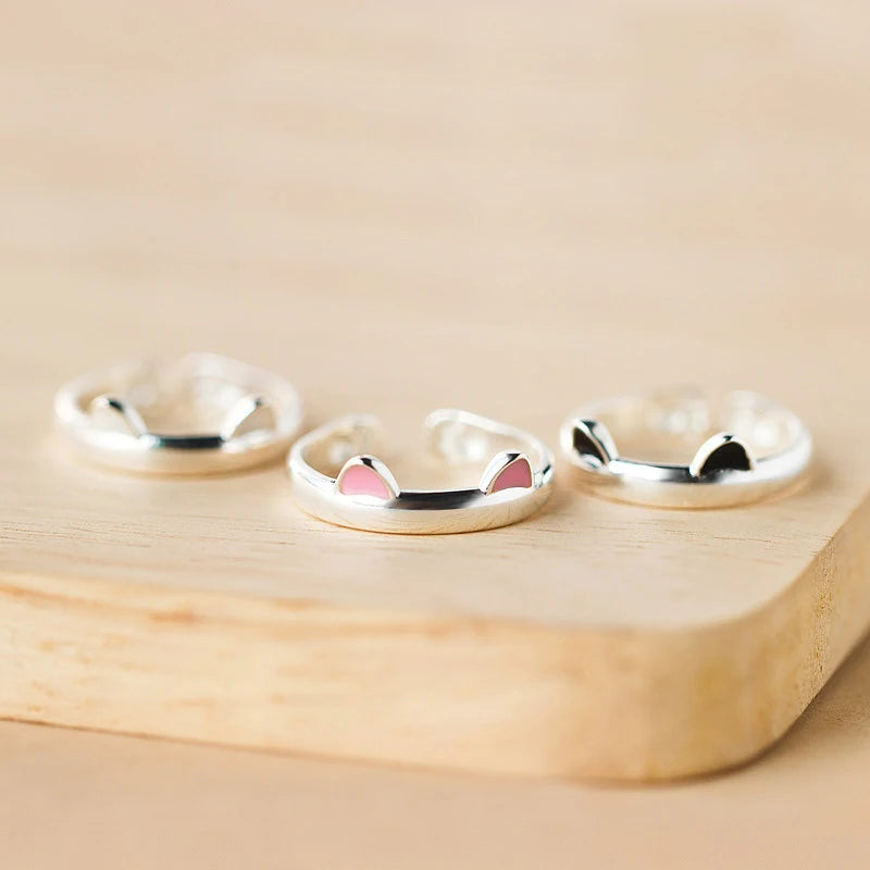 Cute Cat Jewelry 925 Sterling Silver Open Adjustable Animal Ring Women Fashion Lovely Cat Ear Ring