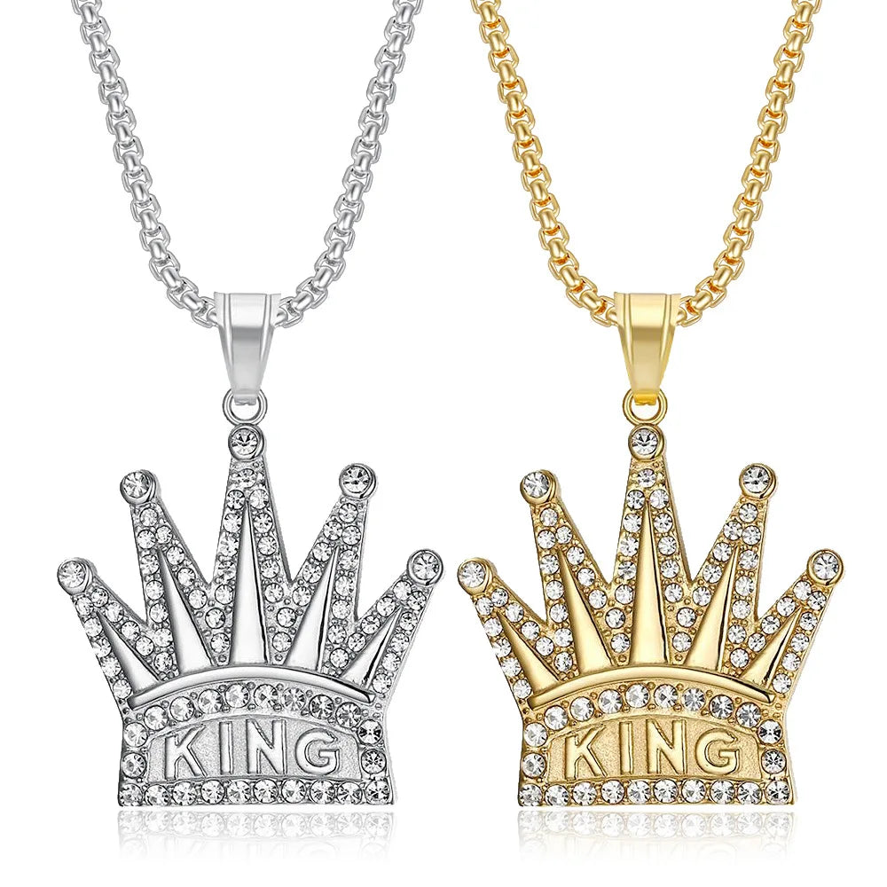 Stainless Steel Crystal Zircon King Pendant for Women Men Gold Plated Fashion Crown Necklace Wholesale