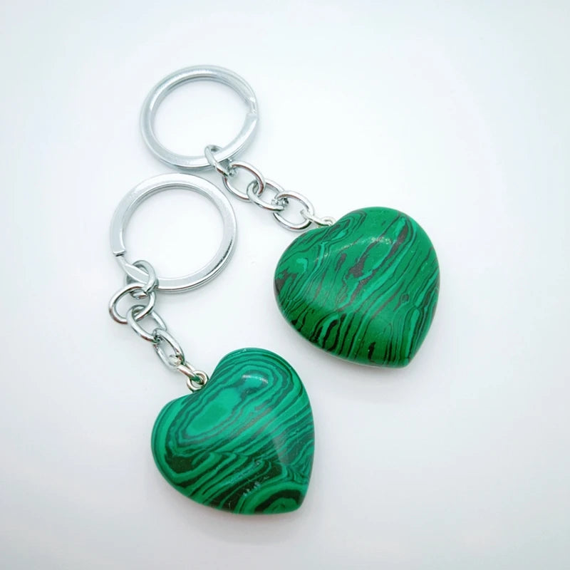 Huiying Fashion malachite stone keychains necklace heart silver plated key ring