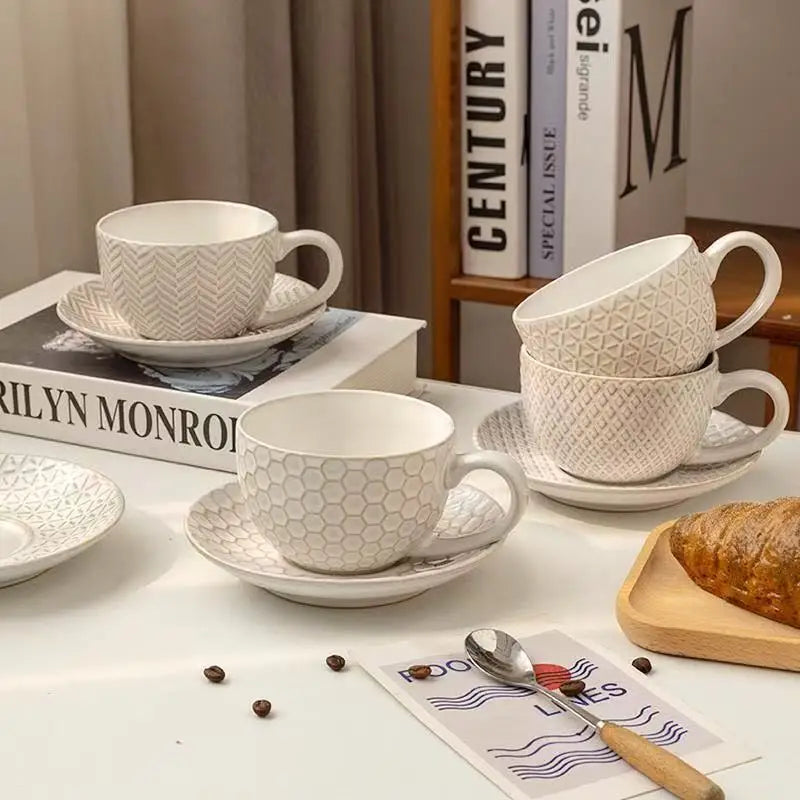 M 6 oz Cappuccino Cups with Saucers Suit for House-warming Ceramic Embossment Coffee Cup
