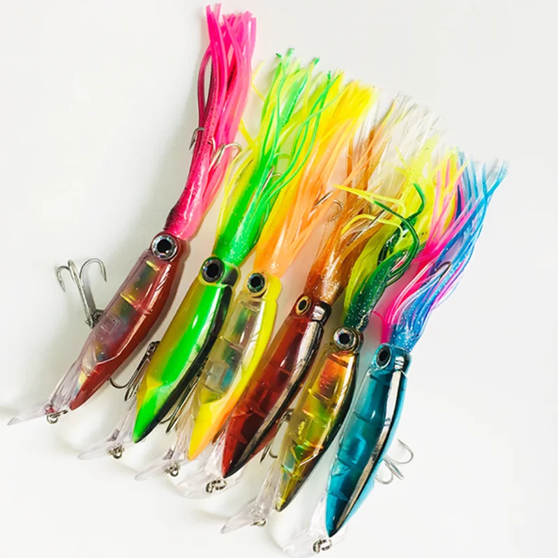 Good Quality 14cm 40g 7 Colors PVC Metal Artificial Hard Squid Octopus Trolling Bait Skirts Fishing Lures with 3D Eyes