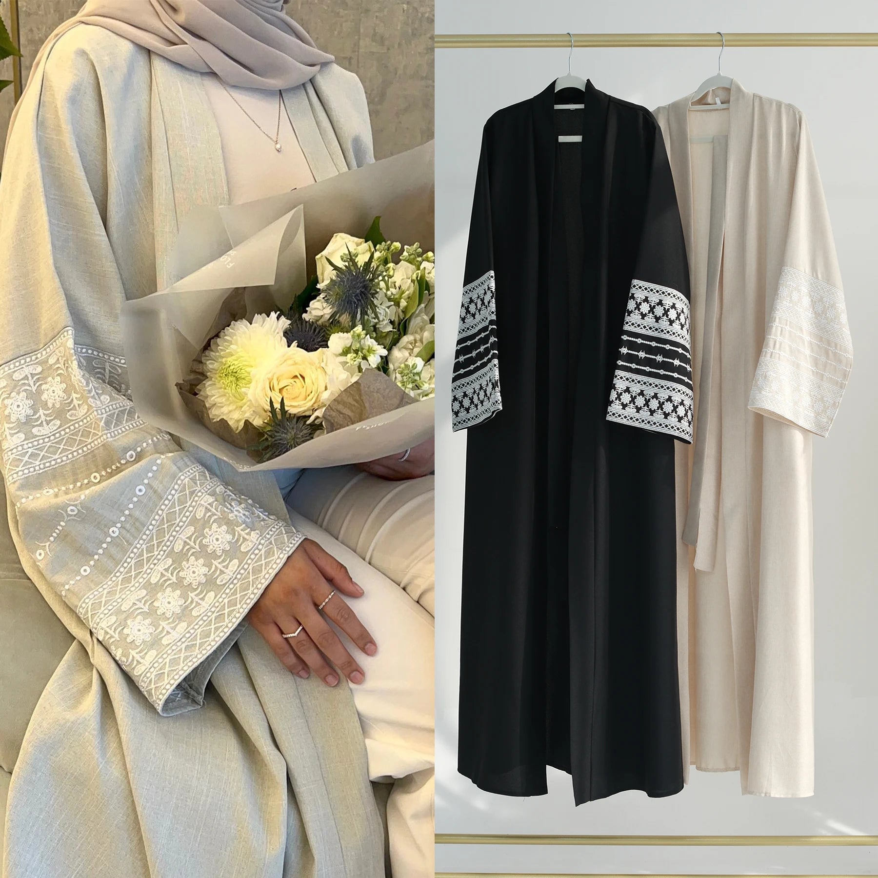 Loriya New Embroidery Linen Open Abaya Femmes Robe Musulmane Dubai Abaya Islamic Clothing Modest Black Abaya