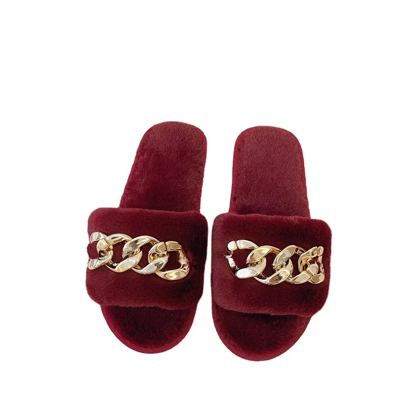 Hot Selling Women Fur Slippers Shoes Furry Fluffy Chain Slippers Winter Plush Cross Warm Women Shoes Female Slippers