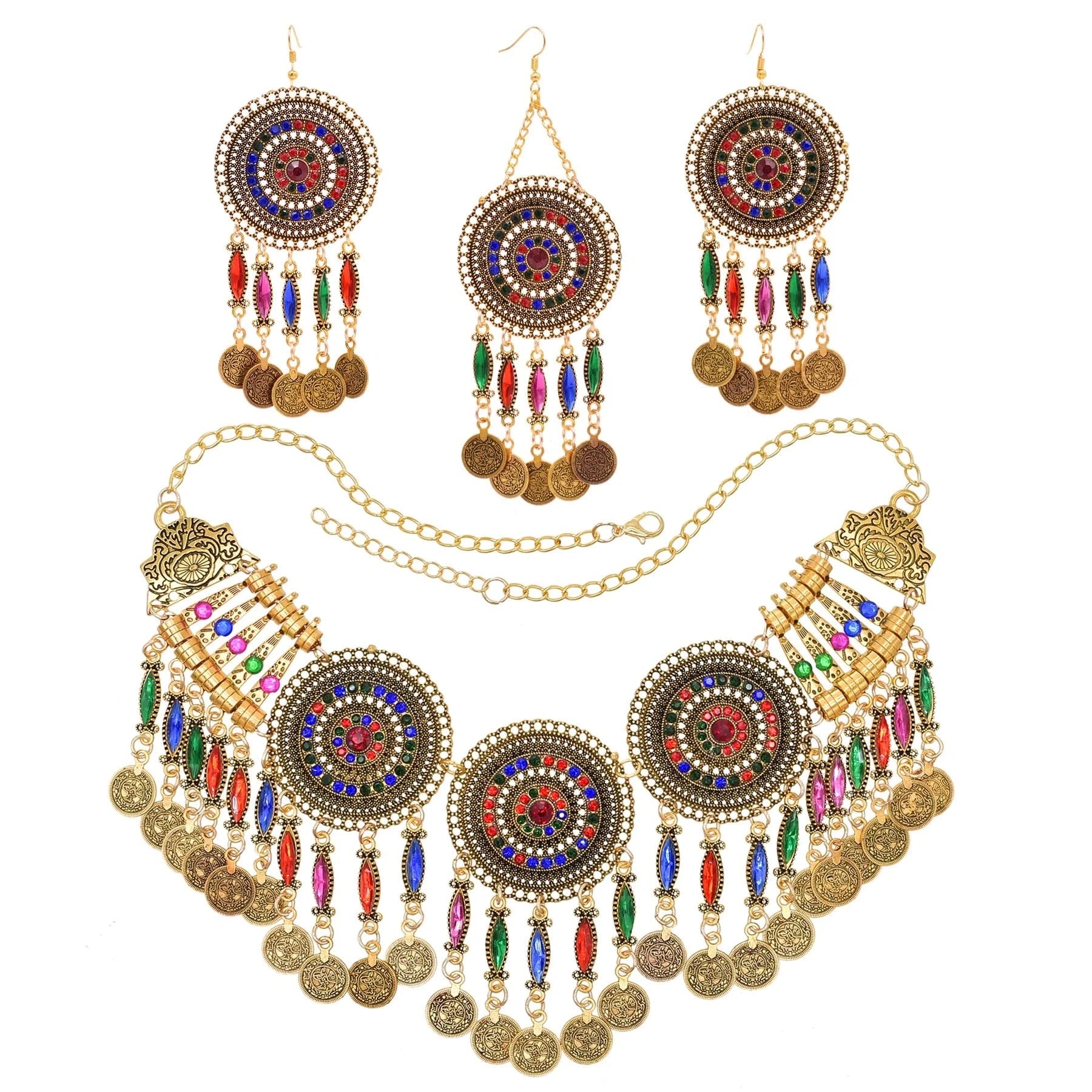 Necklaces Hairband Earrings Sets for Women Bohemian Colorful Rhinestones Vintage Coin Tassels Jewelry Sets