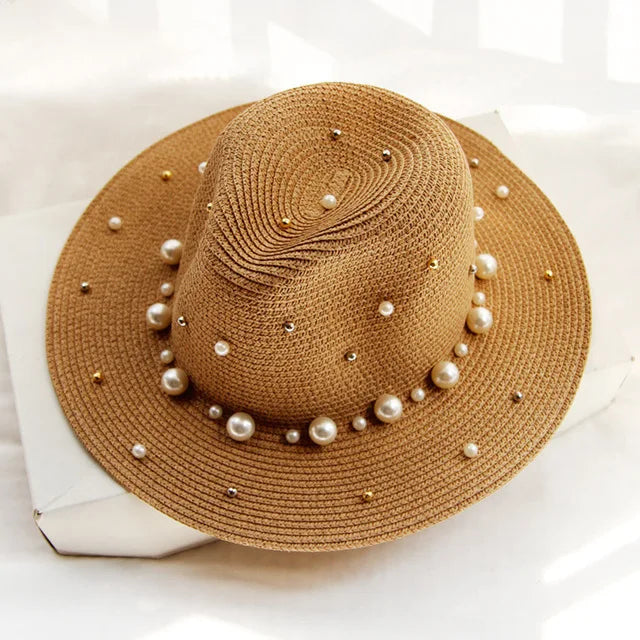 Summer Straw Sun Beach Hat Pearl Visor Straw Fedora Hat