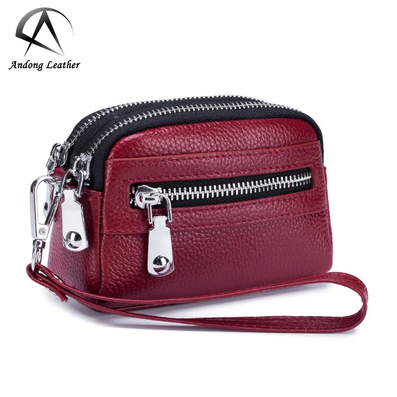 Andong Ladies Mini Small Bag Coin Purse Real Cowhide Large Capacity Double Zipper Clutch Wallet Pocket Women Purses
