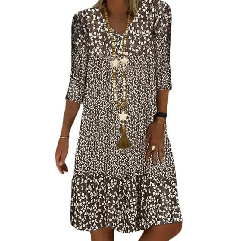 Liu Ming Oem Hot Selling Wholesale Summer Women Casual Short Sleeve Vintage V Neck Print Sundress Plus Size Loose Beach Dress