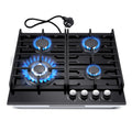 Gas Hob 4 Burners60cm Black Glass Gas HobBuilt in Gas Cooktop with Cast Iron SupportsGas Hob Cooker with Flame Out Protection