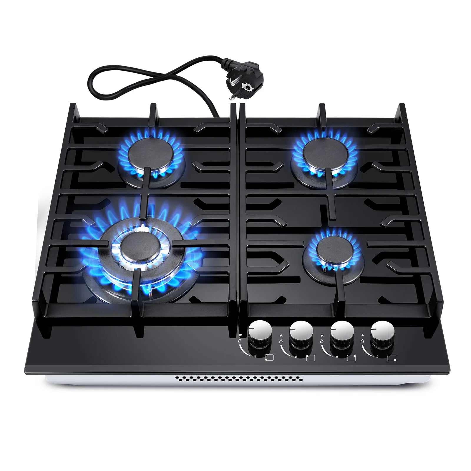 Gas Hob 4 Burners60cm Black Glass Gas HobBuilt in Gas Cooktop with Cast Iron SupportsGas Hob Cooker with Flame Out Protection